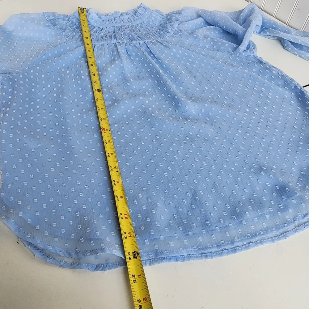Loft Swiss Dot Ruffle Neck Balloon Sleeve Blouse Light Blue Sheer Boho Keyhole M - Picture 9 of 12